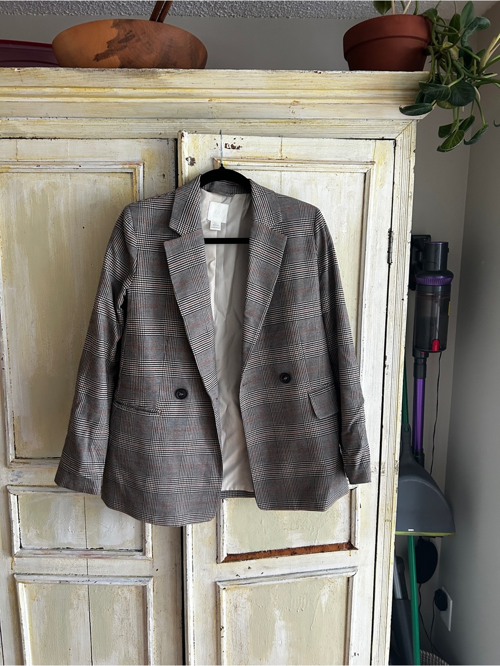Plaid Double-Breasted Blazer - Gray/Brown